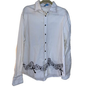 Toku Men’s Western Embroidered Shirt XXL White Cross Rhinestone Detail